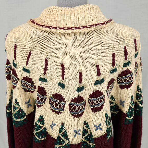 Talbots Sweater Womens Medium Ivory Burgundy Holiday Cardigan Hand Knit Vintage - Picture 9 of 14